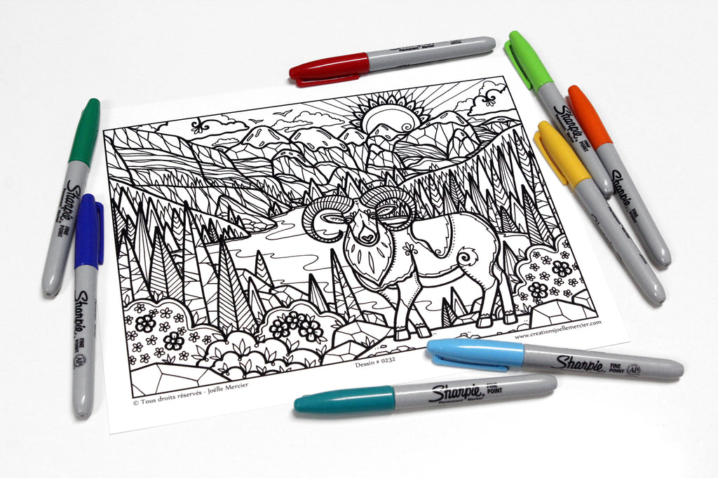 Dessin #0232 - Mandala à colorier imprimé sur carton - MOUFLON AU LAC MORAINE, Parc National de Banff