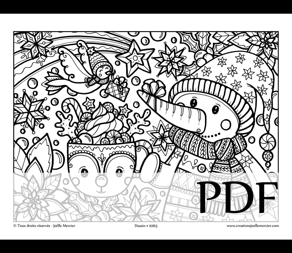 Téléchargement instantané - PDF à imprimer et colorier - BONHOMME DE NEIGE ET SON CHOCOLAT CHAUD #0263, Noël