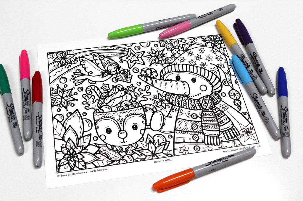 Dessin #0263 - Mandala à colorier imprimé sur carton - BONHOMME DE NEIGE ET SON CHOCOLAT CHAUD, Noël
