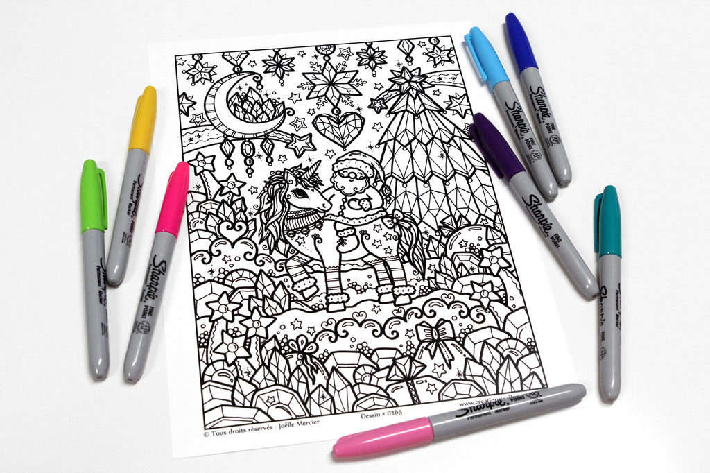Dessin #0265 - Mandala à colorier imprimé sur carton - LA LICORNE DE NOËL