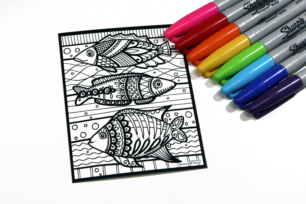 Défi-Mini #0279, TROIS POISSONS, imprimé sur carton, format 4x5 pouces
