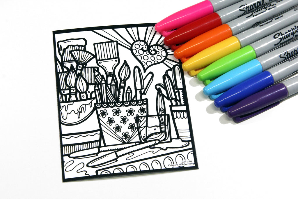 Défi-Mini #0285, POTS DE CRAYONS ET PINCEAUX, imprimé sur carton, format 4x5 pouces