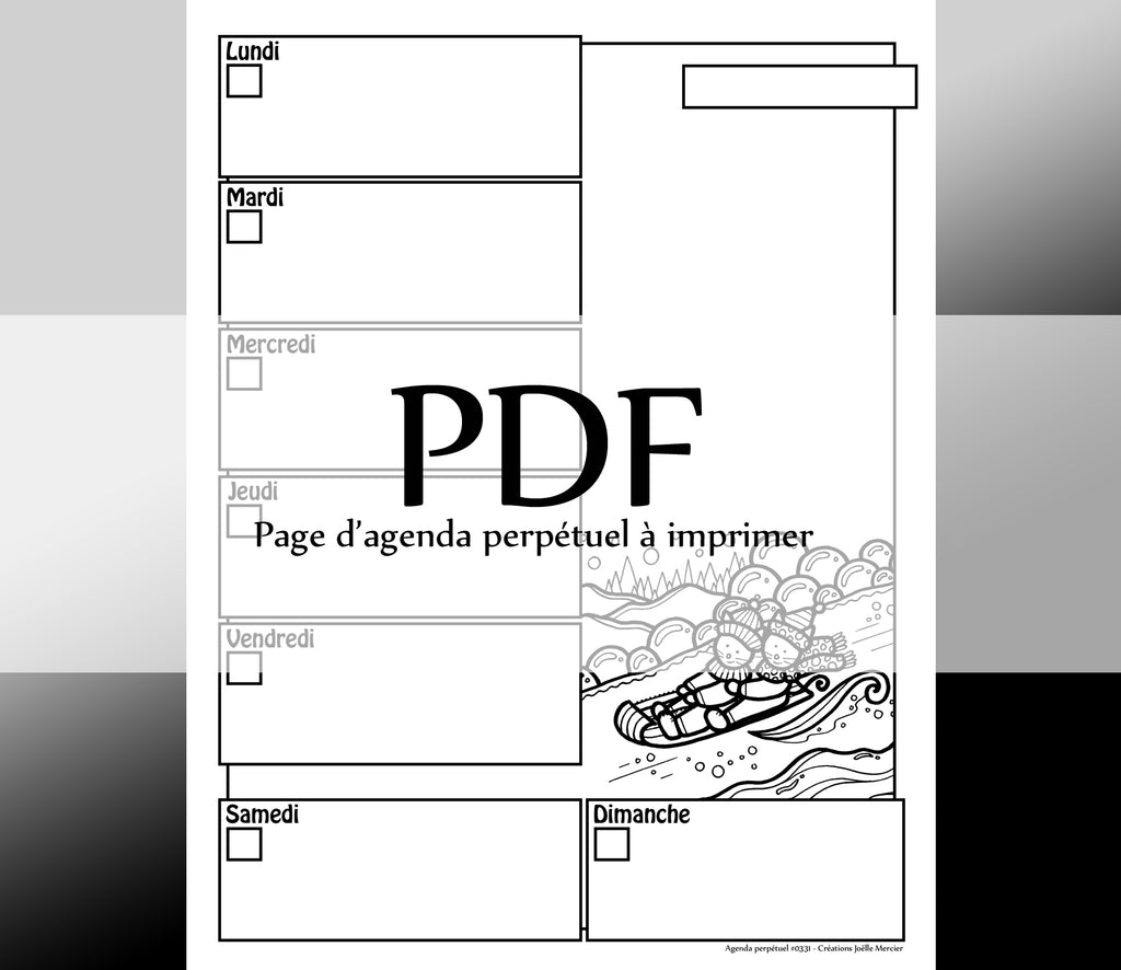 Page #0331 Agenda perpétuel - Téléchargement instantané - PDF à imprimer, MINOU GLISSE SUR LA NEIGE, hiver, chat
