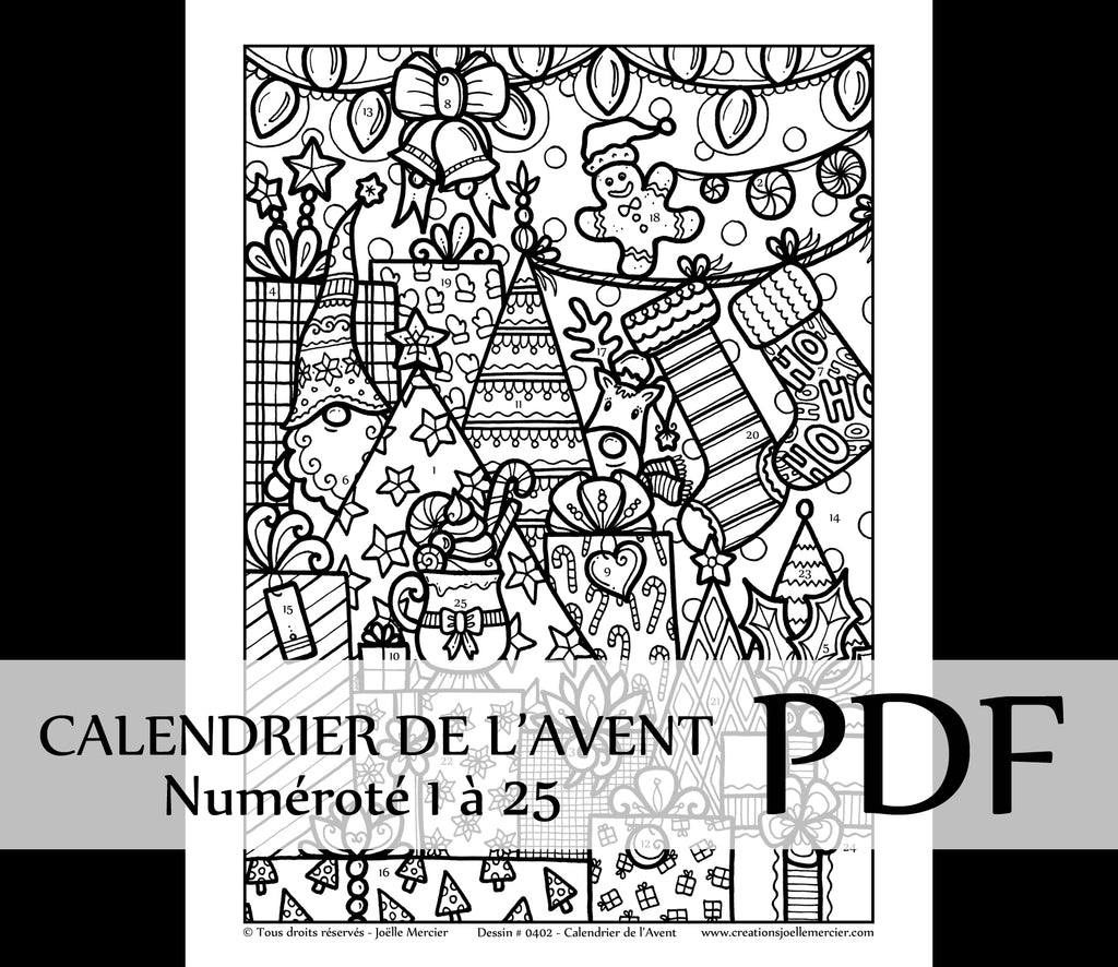 Téléchargement instantané - PDF à imprimer et colorier - CALENDRIER DE L'AVENT - Les plaisirs de Noël - NUMÉROTÉ