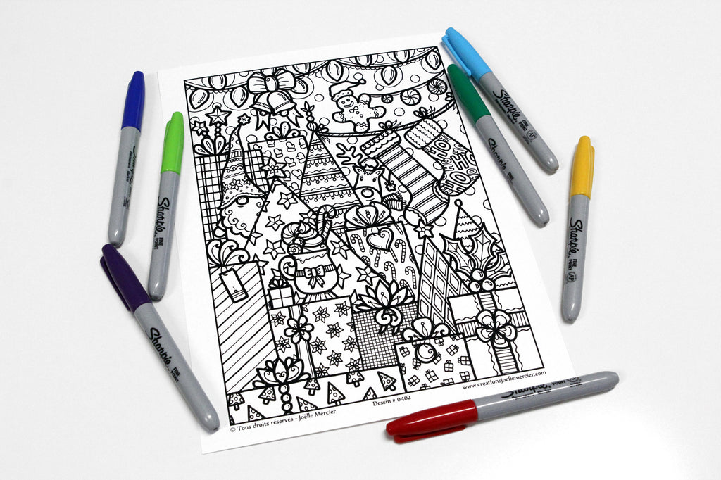 Dessin #0402 - Mandala à colorier imprimé sur carton - PLAISIRS DE NOËL, AVEC ou SANS numéros