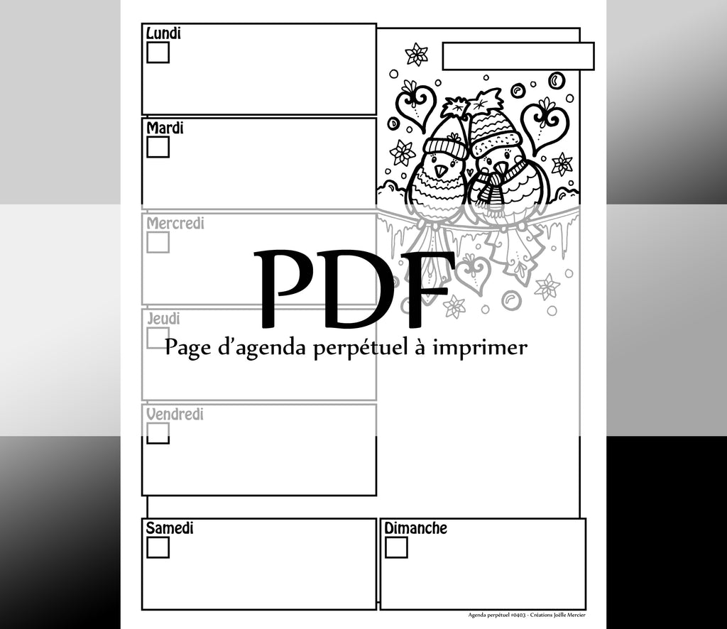 Page #0403 Agenda perpétuel - Téléchargement instantané - PDF à imprimer, DEUX OISEAUX SUR LE FIL GLACÉ, hiver