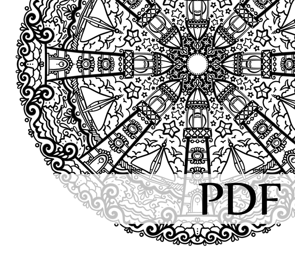 Téléchargement instantané - PDF à imprimer et colorier - Mandala créé numériquement - #10062 PHARE ET VOILIER