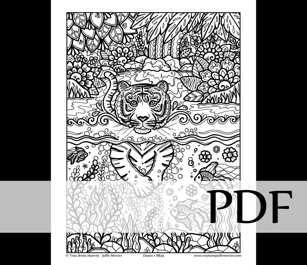 Téléchargement instantané - PDF à imprimer et colorier - LE TIGRE NAGEUR #8845
