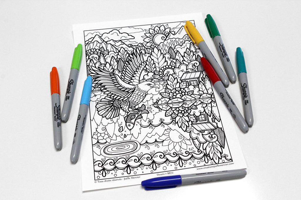 Dessin #8872 Mandala à colorier imprimé sur carton - PYGARGUE À TÊTE BLANCHE, aigle, oiseau