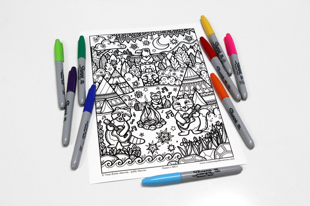 Dessin #8877 Mandala à colorier imprimé sur carton - CAMP DU RENARD, camping, tipi, totem