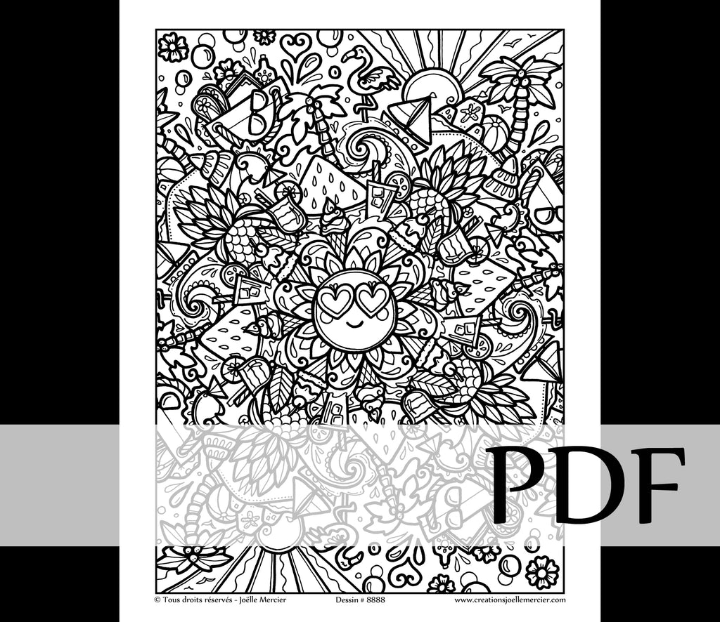 Téléchargement instantané - PDF à imprimer et colorier - MANDALA ESTIVAL #8888, soleil, été