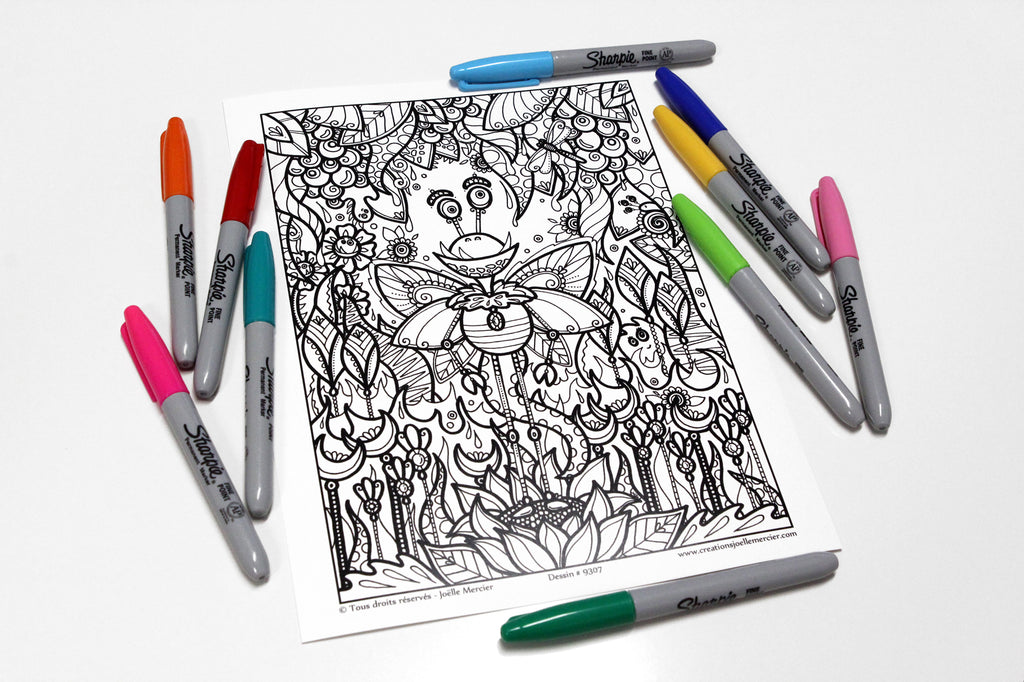 Dessin #9307 Mandala à colorier imprimé sur carton - PAPILLUS MORDICUS, créature imaginaire