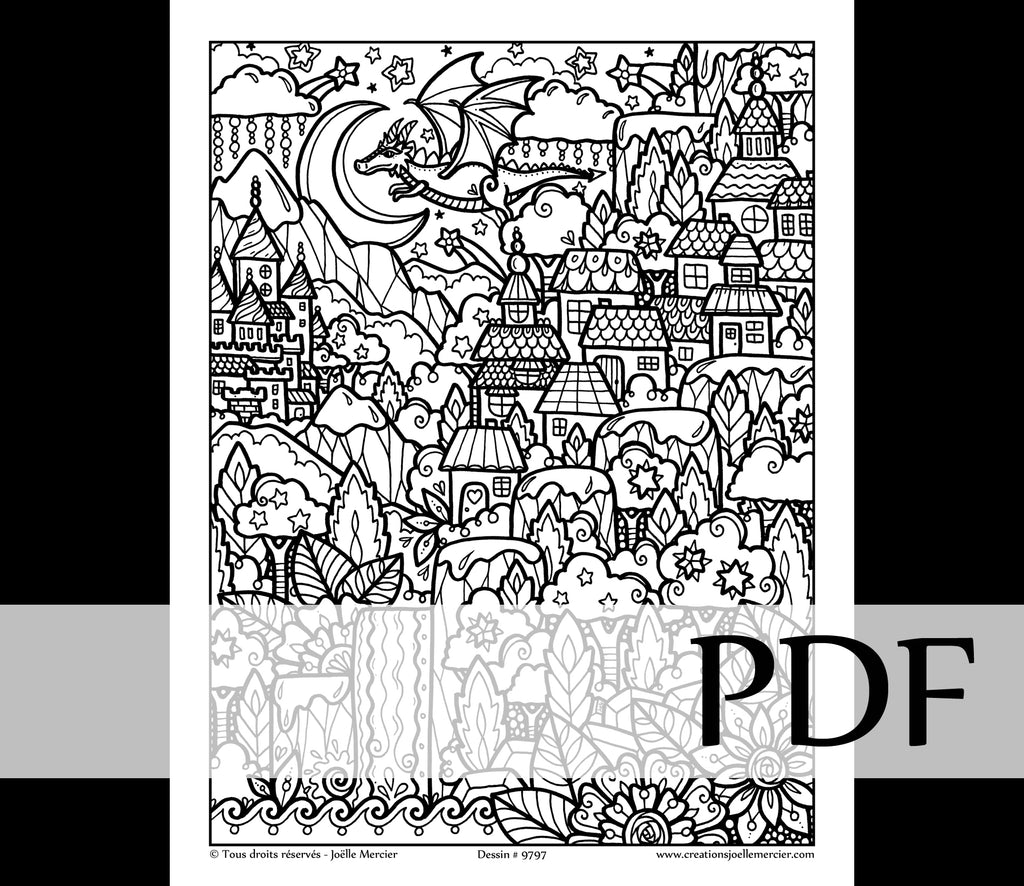 Téléchargement instantané - PDF à imprimer et colorier - LE VILLAGE FANTASTIQUE #9797