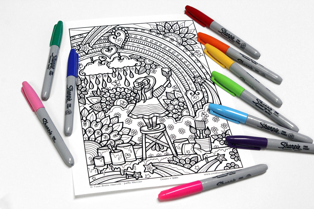 Dessin #9961 - Mandala à colorier imprimé sur carton - LES COULEURS DE L'ARC-EN-CIEL, fille, artiste, peinture