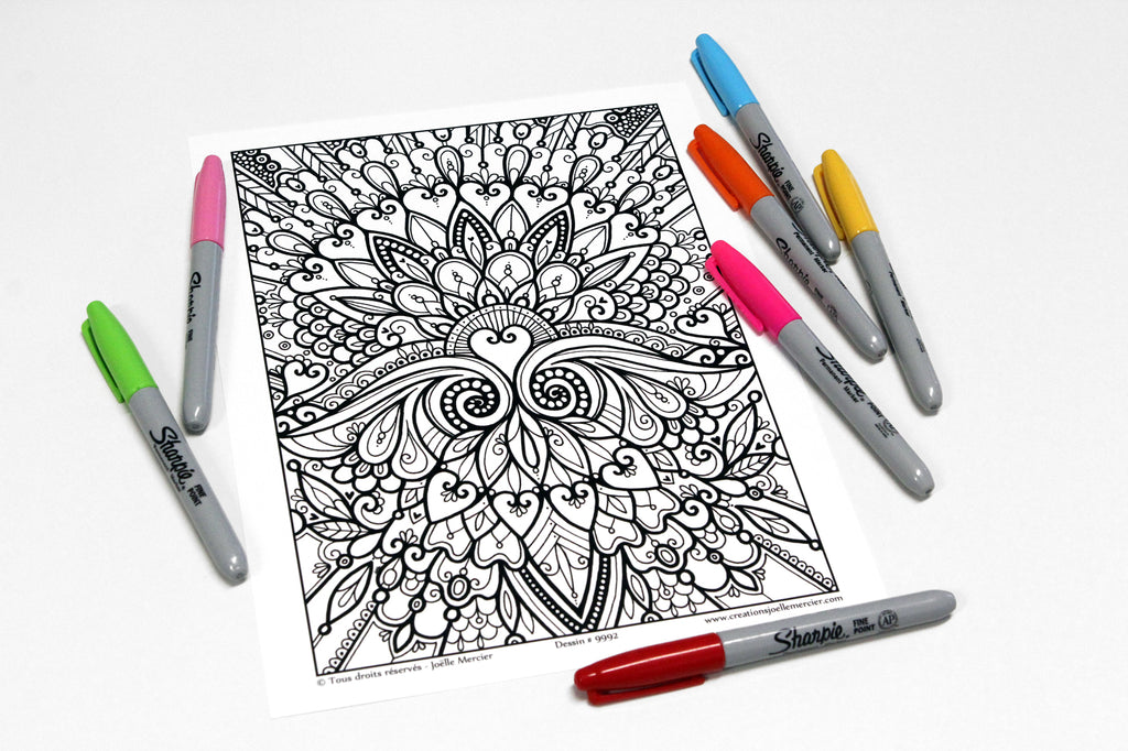 Dessin #9992 - Mandala à colorier imprimé sur carton - ABSTRAIT, coeurs