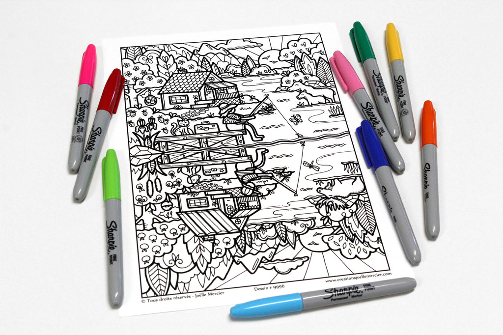 Dessin #9996 - Mandala à colorier imprimé sur carton - PÊCHE AU BOUT DU QUAI, réversible avec différences