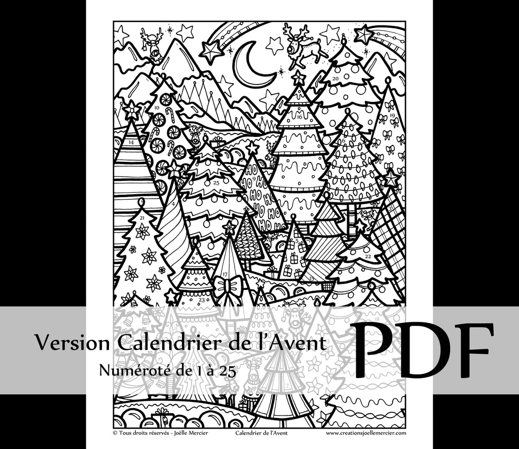 Téléchargement instantané - PDF à imprimer et colorier - CALENDRIER DE L'AVENT - FORÊT DE SAPINS DE NOËL - NUMÉROTÉ