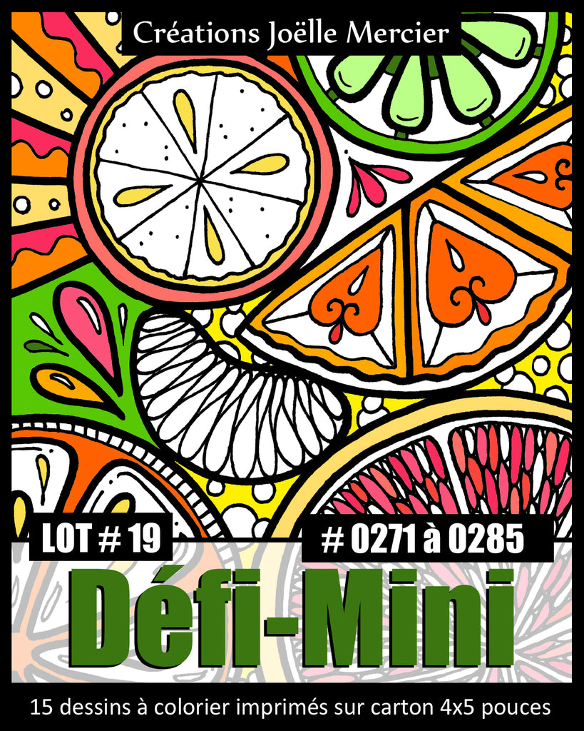 Sachet DÉFI-MINI, LOT #19, 15 dessins imprimés sur carton, format 4x5 pouces, Minis #0271 à 0285