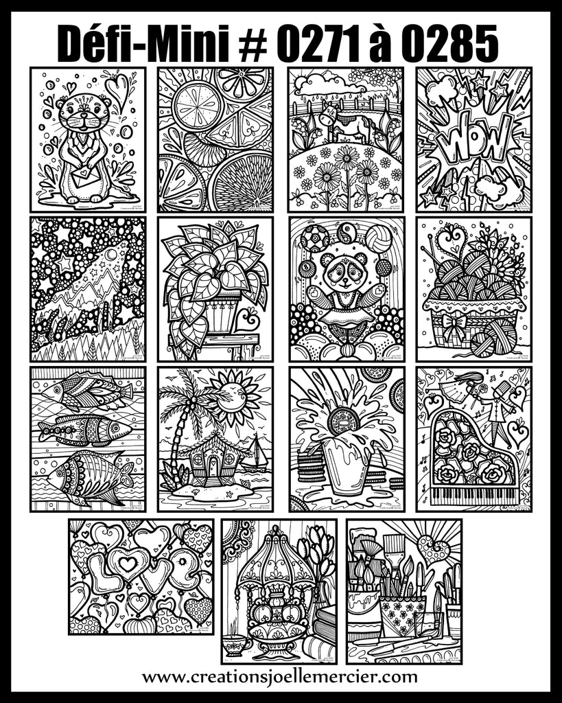 Sachet DÉFI-MINI, LOT #19, 15 dessins imprimés sur carton, format 4x5 pouces, Minis #0271 à 0285