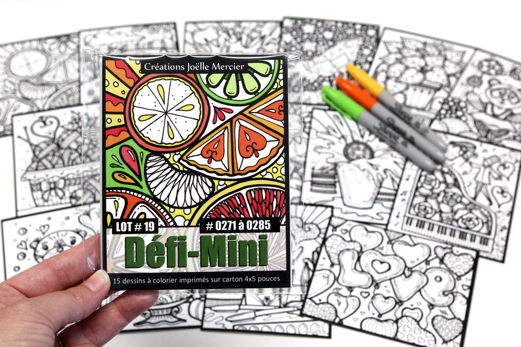 Sachet DÉFI-MINI, LOT #19, 15 dessins imprimés sur carton, format 4x5 pouces, Minis #0271 à 0285