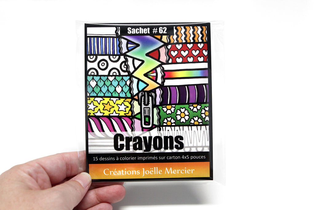 Sachet #62 Crayons, inclus 15 dessins à colorier, imprimés sur carton, format 4x5 pouces