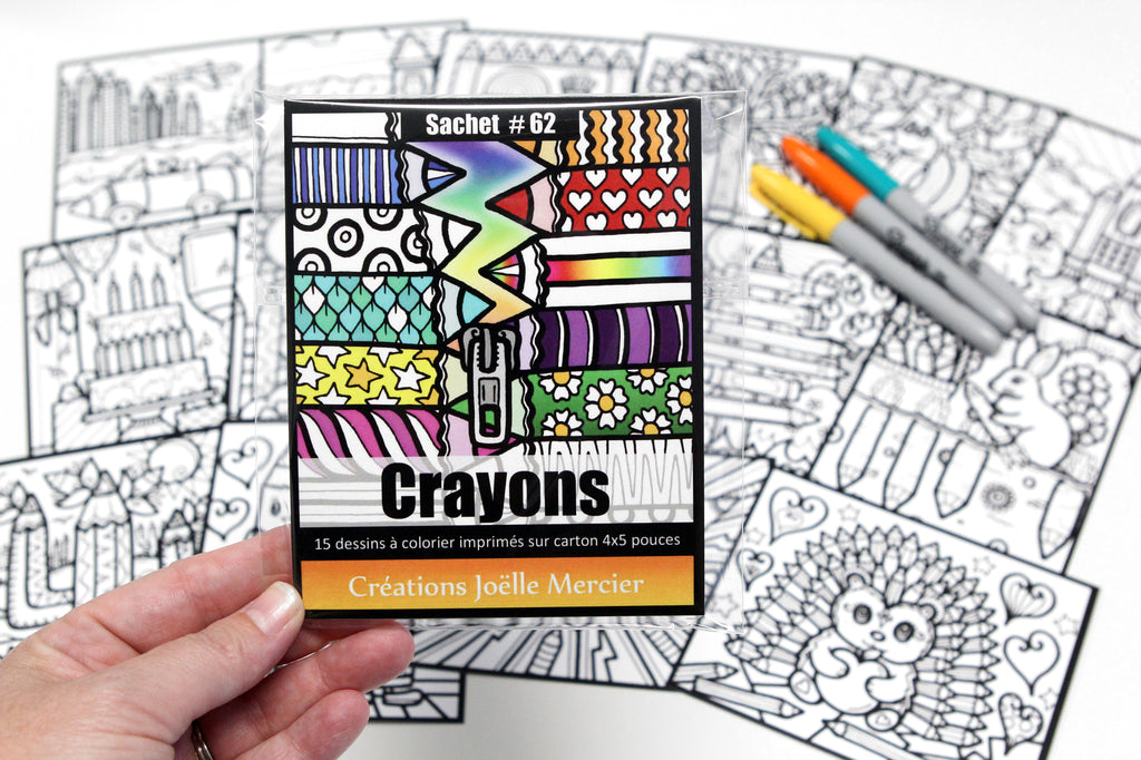 Sachet #62 Crayons, inclus 15 dessins à colorier, imprimés sur carton, format 4x5 pouces