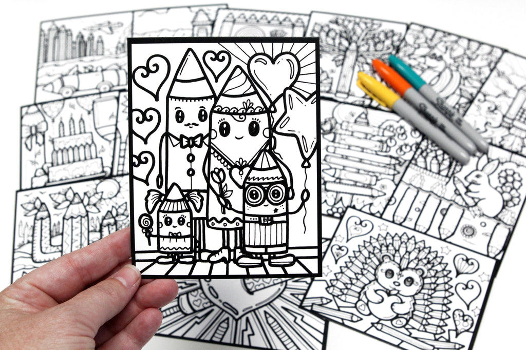 Sachet #62 Crayons, inclus 15 dessins à colorier, imprimés sur carton, format 4x5 pouces