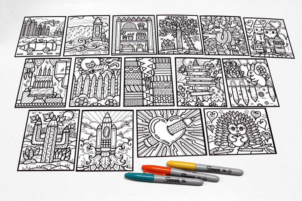 Sachet #62 Crayons, inclus 15 dessins à colorier, imprimés sur carton, format 4x5 pouces