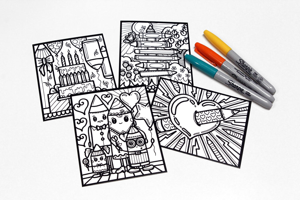 Sachet #62 Crayons, inclus 15 dessins à colorier, imprimés sur carton, format 4x5 pouces