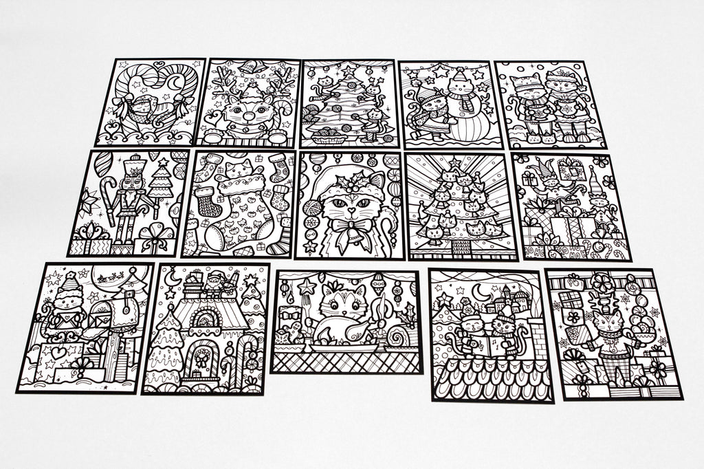 Sachet #63 Chats de Noël, inclus 15 dessins à colorier, imprimés sur carton, format 4x5 pouces
