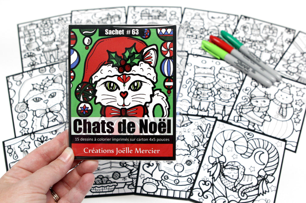 Sachet #63 Chats de Noël, inclus 15 dessins à colorier, imprimés sur carton, format 4x5 pouces