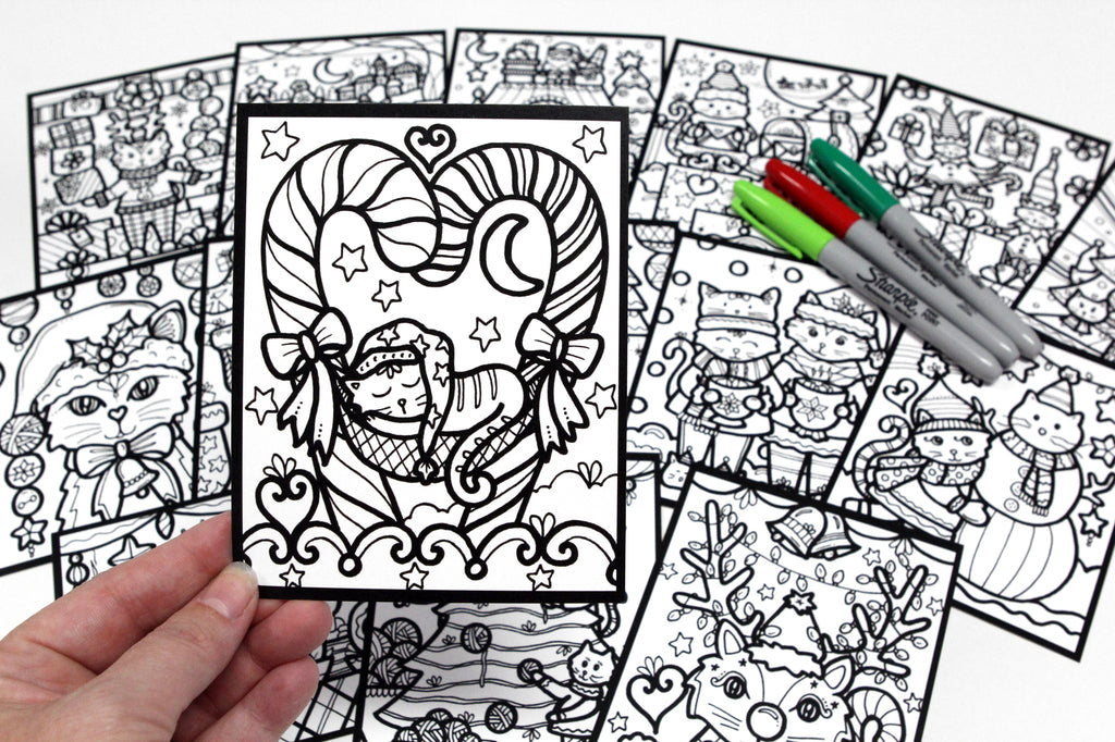 Sachet #63 Chats de Noël, inclus 15 dessins à colorier, imprimés sur carton, format 4x5 pouces
