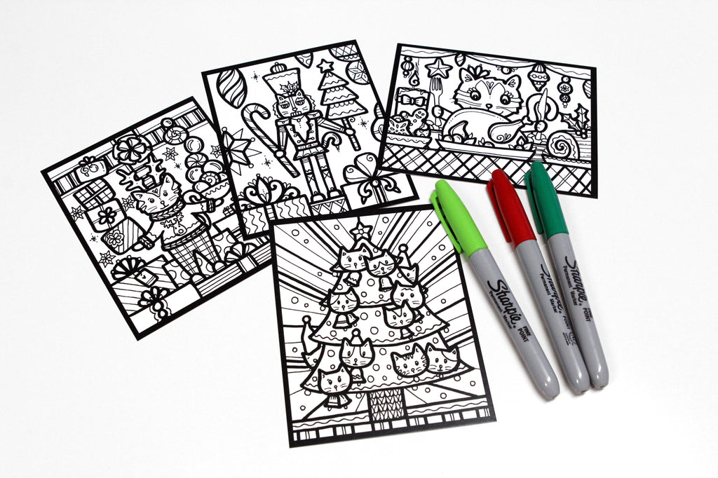 Sachet #63 Chats de Noël, inclus 15 dessins à colorier, imprimés sur carton, format 4x5 pouces