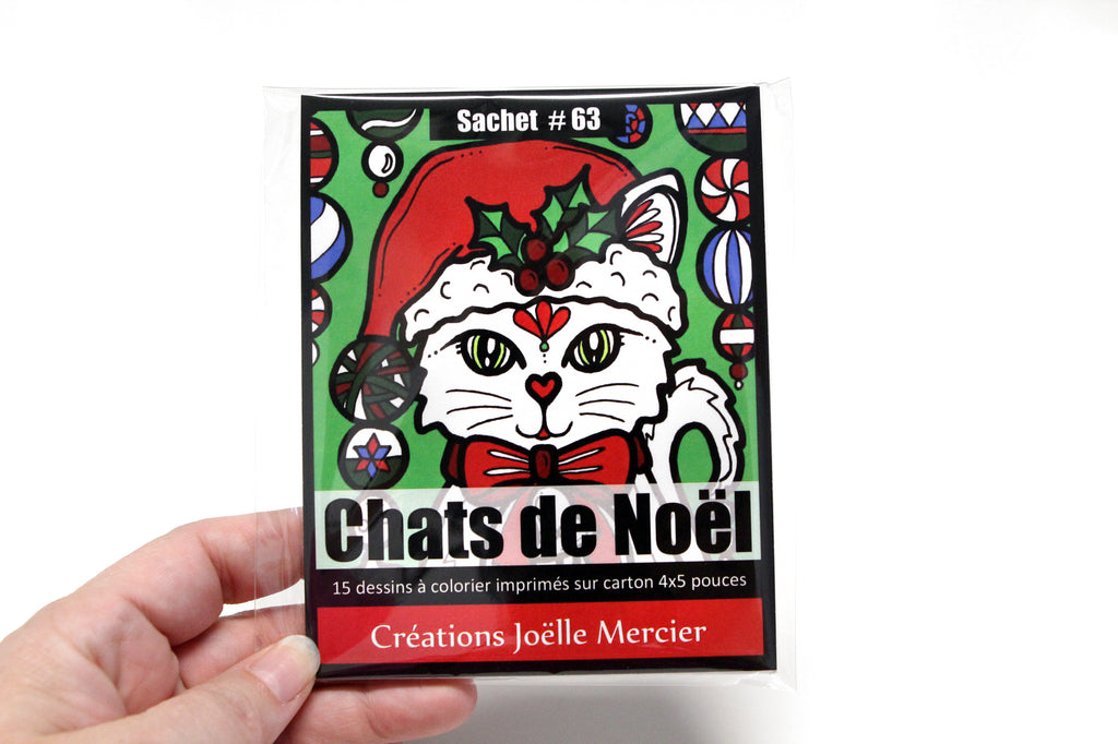 Sachet #63 Chats de Noël, inclus 15 dessins à colorier, imprimés sur carton, format 4x5 pouces