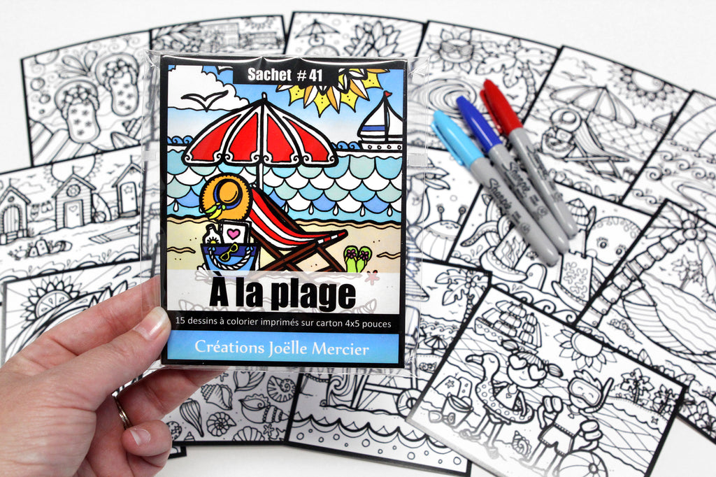 Sachet #41 À la plage, inclus 15 dessins à colorier, imprimés sur carton, format 4x5 pouces