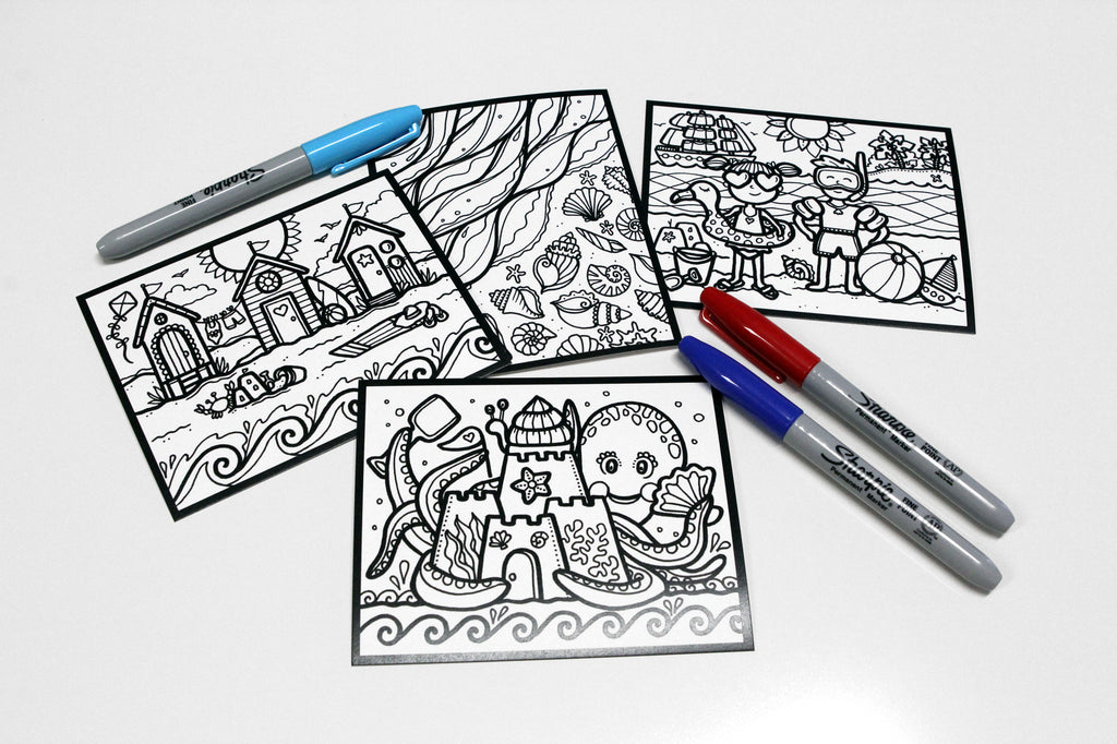 Sachet #41 À la plage, inclus 15 dessins à colorier, imprimés sur carton, format 4x5 pouces