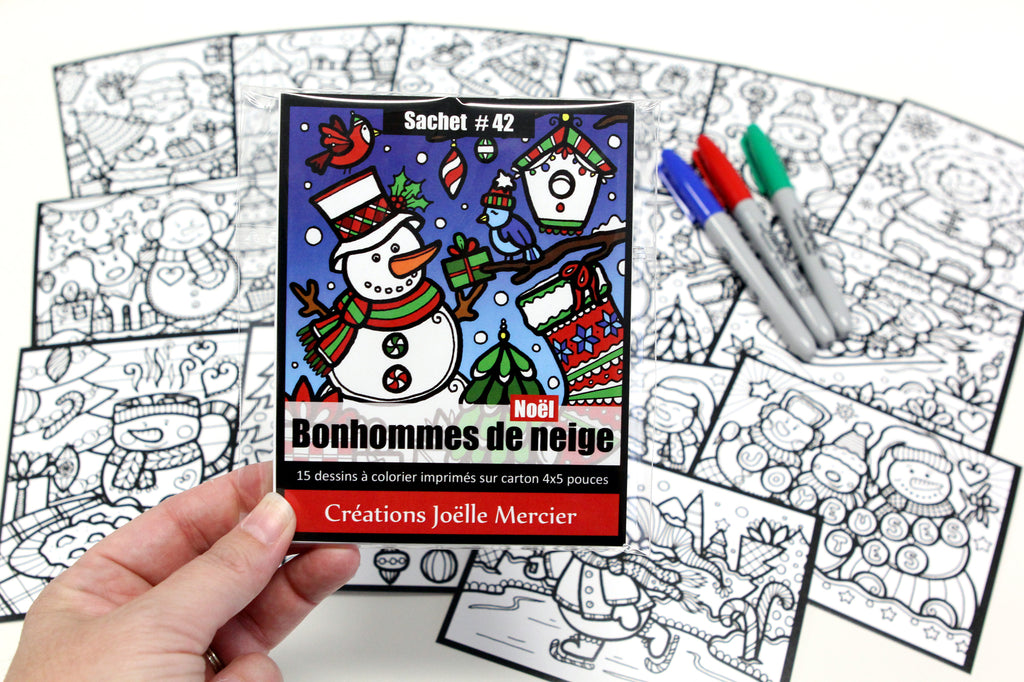 Sachet #42 Bonhommes de neige de Noël, inclus 15 dessins à colorier, imprimés sur carton, format 4x5 pouces
