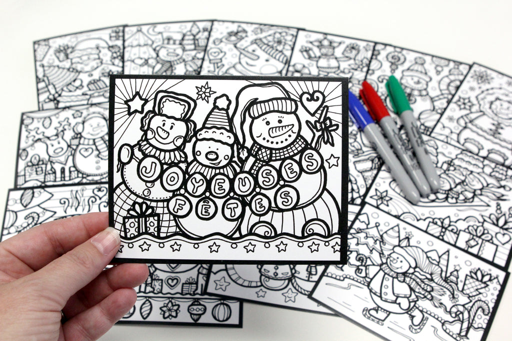 Sachet #42 Bonhommes de neige de Noël, inclus 15 dessins à colorier, imprimés sur carton, format 4x5 pouces