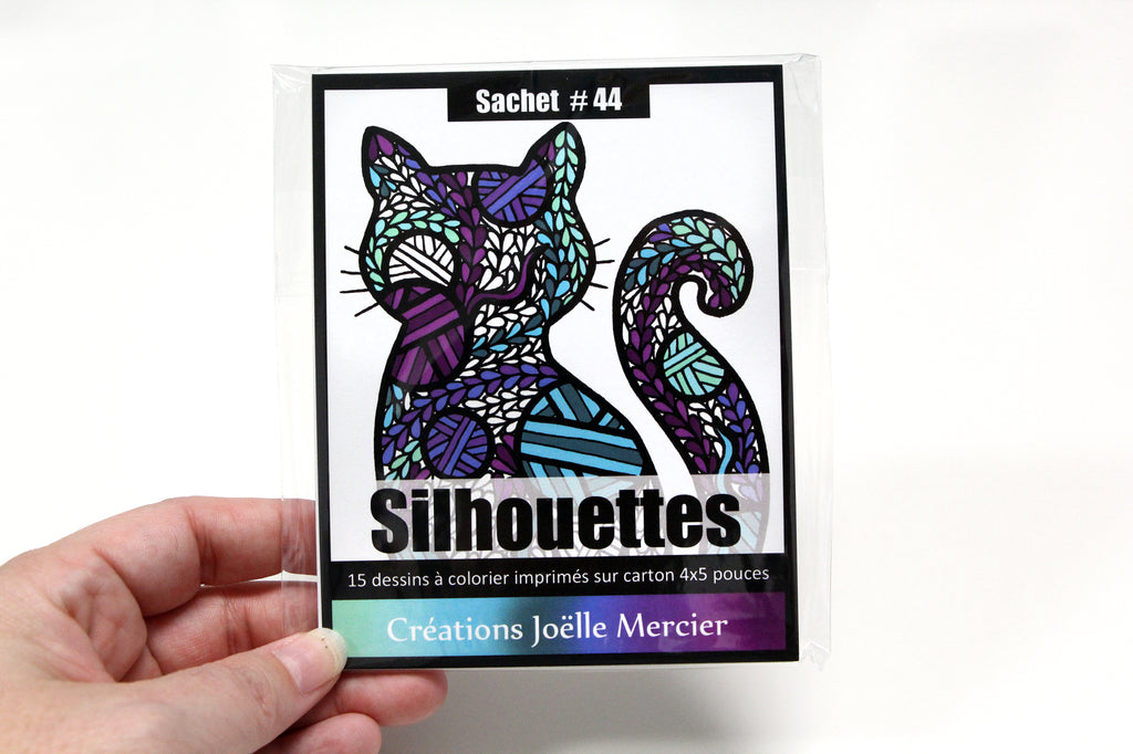 Sachet #44 Silhouettes, inclus 15 dessins à colorier, imprimés sur carton, format 4x5 pouces