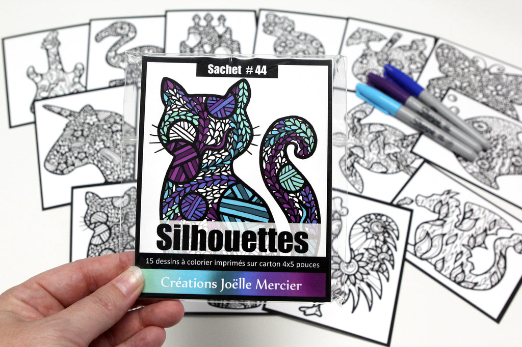 Sachet #44 Silhouettes, inclus 15 dessins à colorier, imprimés sur carton, format 4x5 pouces