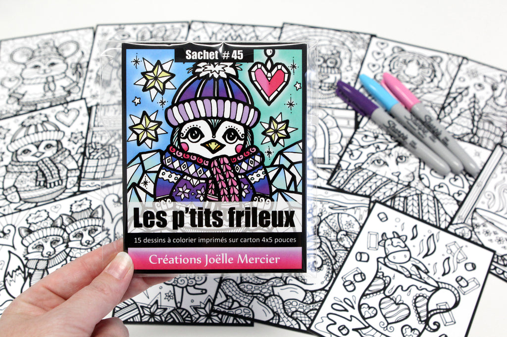 Sachet #45 Les p'tits frileux, inclus 15 dessins à colorier, imprimés sur carton, format 4x5 pouces
