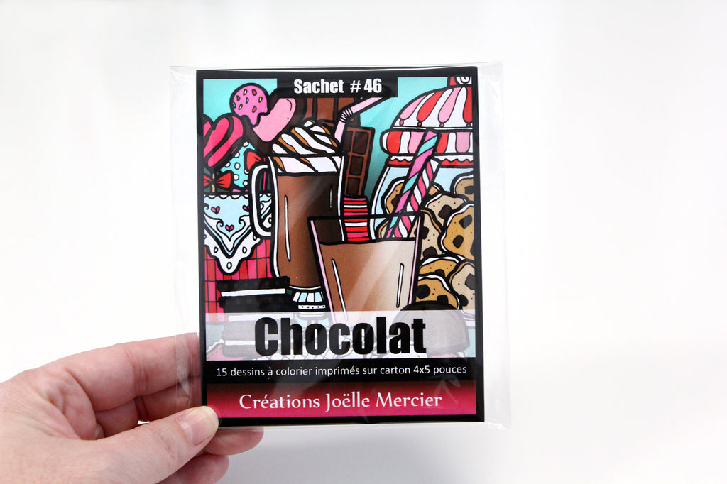 Sachet #46 Chocolat, inclus 15 dessins à colorier, imprimés sur carton, format 4x5 pouces