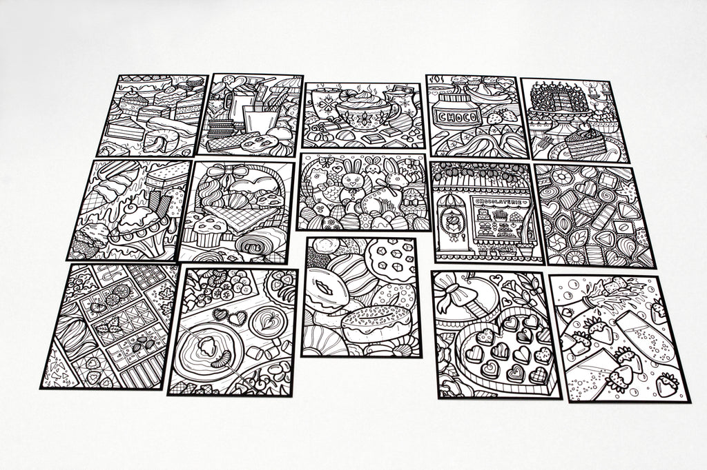 Sachet #46 Chocolat, inclus 15 dessins à colorier, imprimés sur carton, format 4x5 pouces