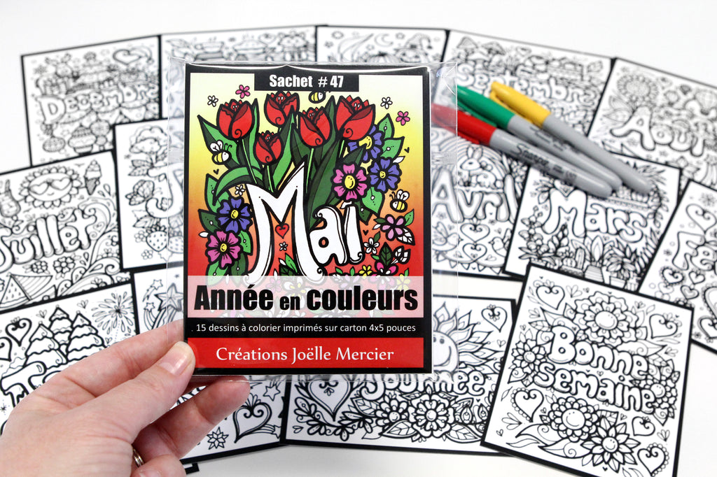 Sachet #47 Année en couleurs, inclus 15 dessins à colorier, imprimés sur carton, format 4x5 pouces
