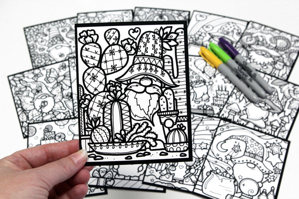 Sachet #48 Gnomes, inclus 15 dessins à colorier, imprimés sur carton, format 4x5 pouces