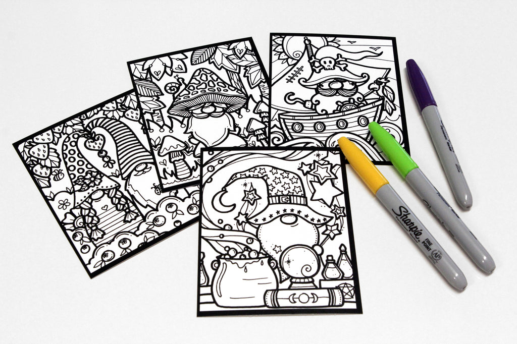 Sachet #48 Gnomes, inclus 15 dessins à colorier, imprimés sur carton, format 4x5 pouces
