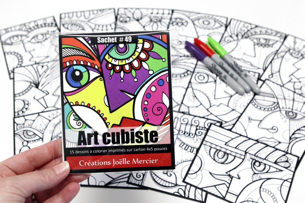 Sachet #49 Art cubiste, inclus 15 dessins à colorier, imprimés sur carton, format 4x5 pouces