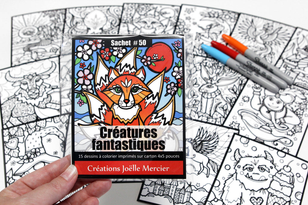 Sachet #50 Créatures fantastiques, inclus 15 dessins à colorier, imprimés sur carton, format 4x5 pouces