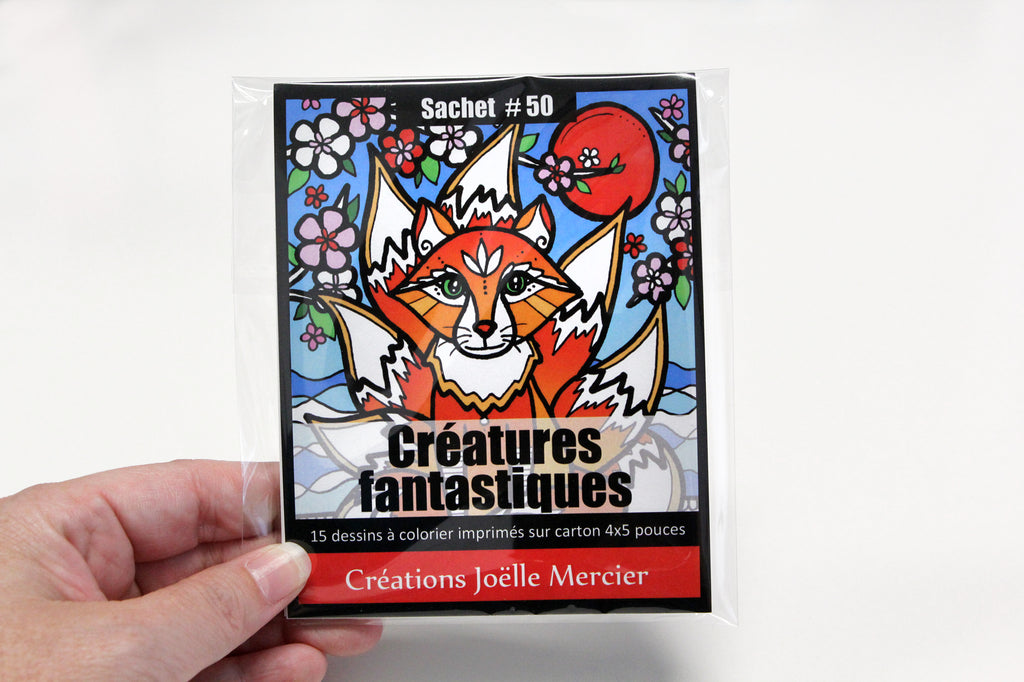 Sachet #50 Créatures fantastiques, inclus 15 dessins à colorier, imprimés sur carton, format 4x5 pouces