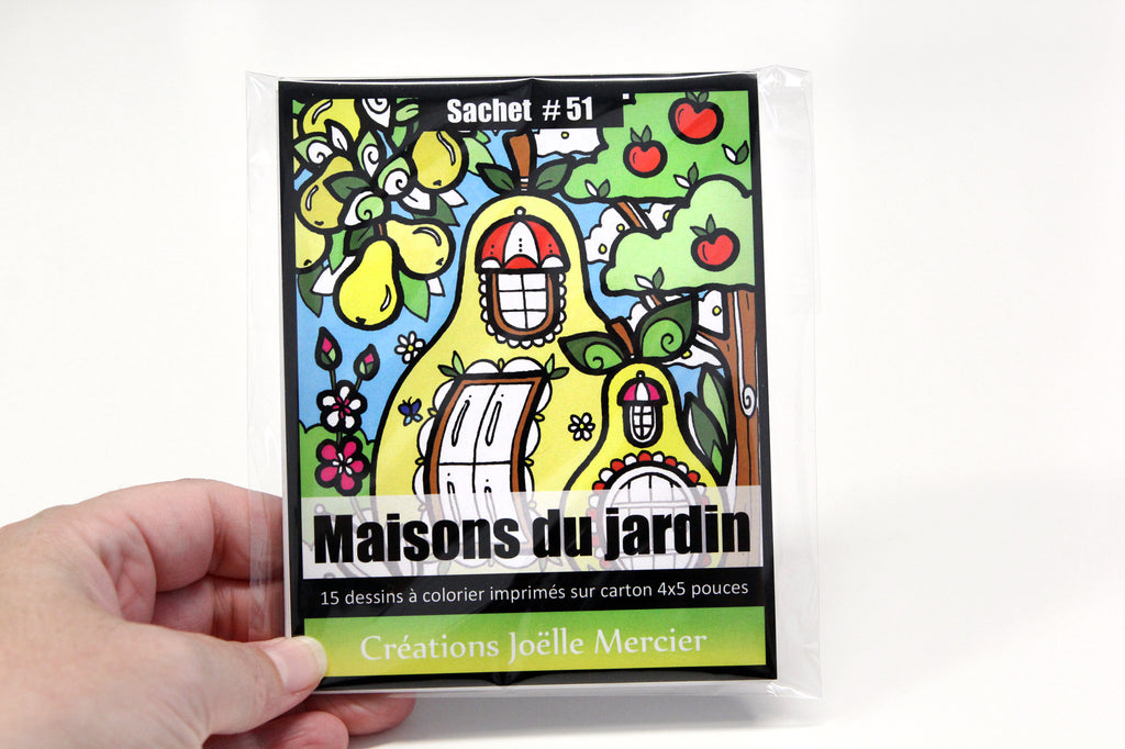 Sachet #51 Maisons du jardin, inclus 15 dessins à colorier, imprimés sur carton, format 4x5 pouces